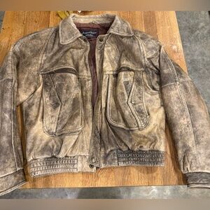 Vintage Distressed Brown Leather Bomber Jacket